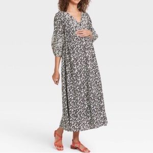 The Nines by HATCH Floral Print 3/4 Sleeve Button-Front Maternity Dress